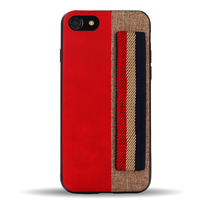 iPhone 8 / 7 Striped Hand Strap Grip Holder PU LEATHER Case (Red)